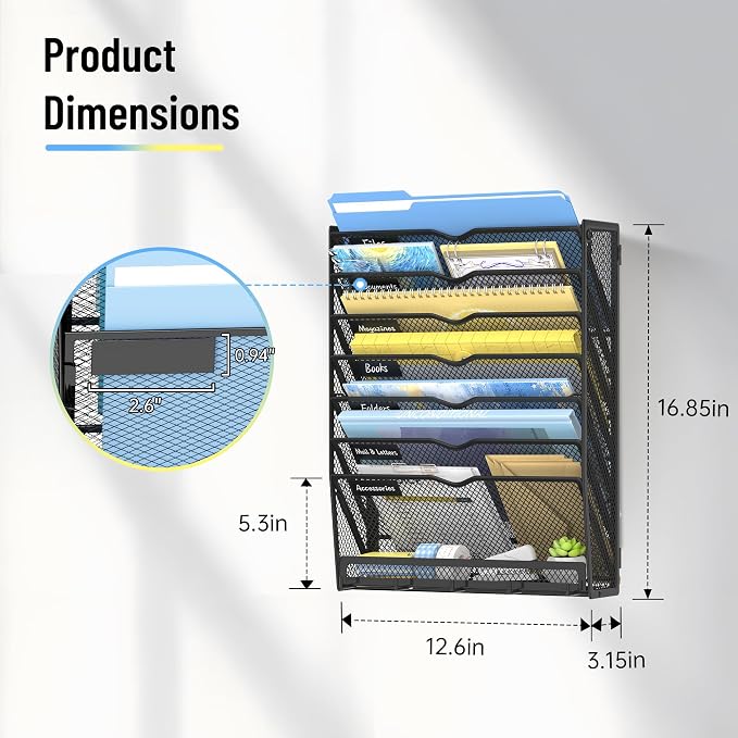 8-Tier Wall File Organizer with Hooks, Hanging File Organizer | Metal Mesh Mail Organizer, Wall Mounted File Organizer for Home, Classroom, Office Organization