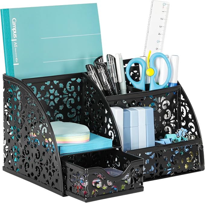 EasyPAG Desk Organizer and Pen Holder for Desk, Mesh Office Supplies Storage Caddy with Drawer for Small Space, Desktop Organizer for Home Office, Black