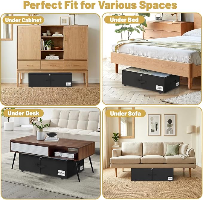 Under Bed Storage with Wheels, 2 Pack Underbed Storage Containers with Clear Lid & Label, XXL 75L Easy Assembly Rolling Under Bed Shoe Storage for Clothes, Shoes, Blankets, Black(28.3 X 16.5 X 9.5 in)