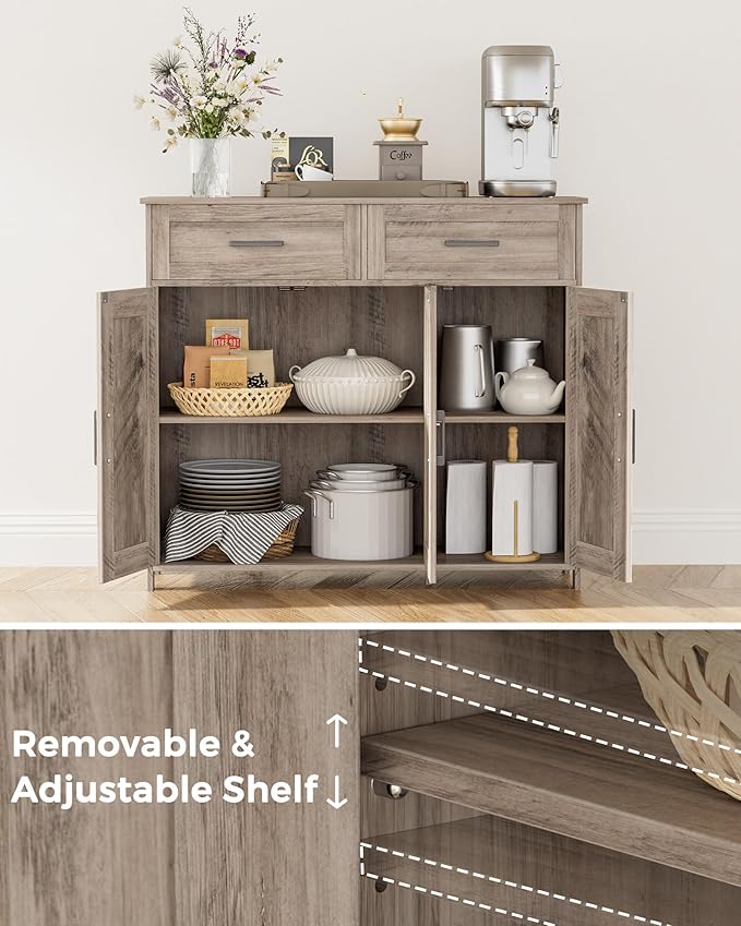 Homhedy Coffee Bar Storage Cabinet with Drawers, Kitchen Buffet Cabinet | Sideboard Cabinet with Doors, Farmhouse Buffet Cabinet, Adjustable Shelves, for Kitchen / Dining / Living Room, Greige