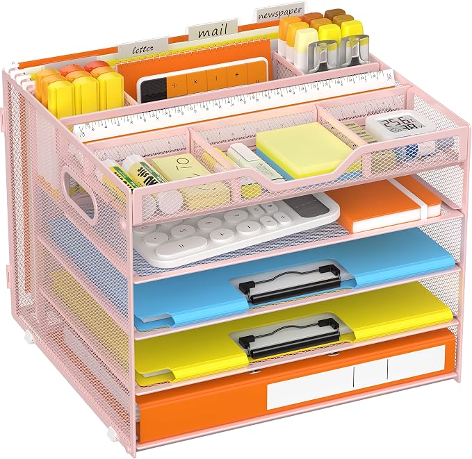 Docnest 5 Tier Desk Organizer with Hanging File Folder Holder&Tray, Pink | Features 3 detachable pen holders and 4 removable dividers.Versatile mesh desktop storage for mail, document,office supplie