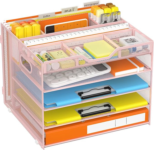 Docnest 5 Tier Desk Organizer with Hanging File Folder Holder&Tray, Pink | Features 3 detachable pen holders and 4 removable dividers.Versatile mesh desktop storage for mail, document,office supplie