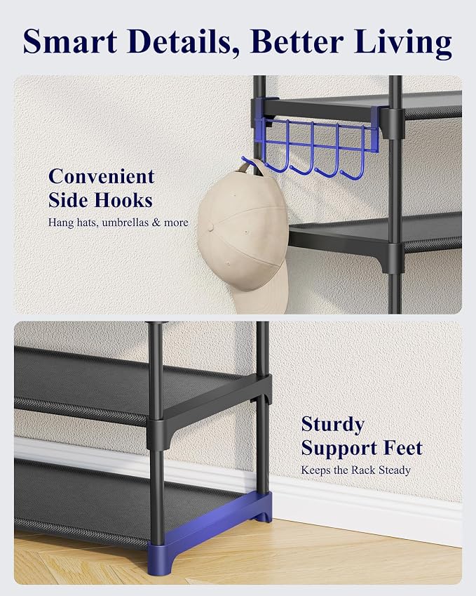 Kitsure 10 Tier Shoe Rack, Tall Shoe Organizer, 32.2" Wide, Black | Large-Capacity Shoe Storage with Hooks, Shoe Shelf for Closet, Entryway, Bedroom, Living Room, Zapateras Organizer