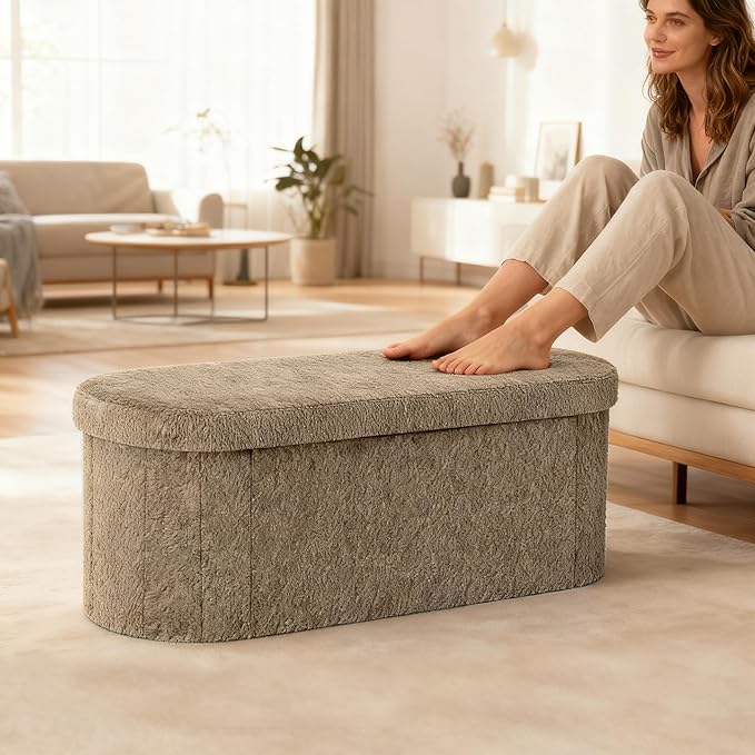 GLAXYFUR Oval Ottoman with Storage for Living Room, Sherpa Bench, Brown | 43.3 Inches Folding Chest, Foot Rest, End of Bed Bench for Bedroom, Hallway