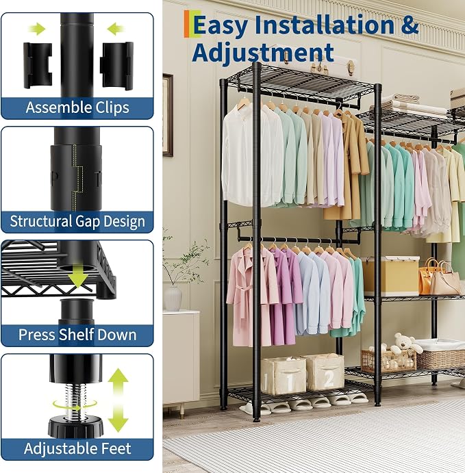 Clothes Rack, Free Standing Garment Rack for Hang Clothes, Adjustable Clothing Closet with 4 Sturdy Rods & 7 Storage Shelves, Portable Wardrobe Racks & Easy Assembly, 76.5"H x 67.6"L x 15.5"W ﻿ ﻿