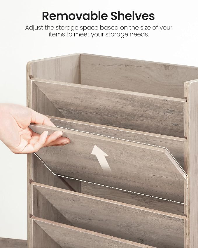 CHOEZON Wall File Organizer, 6-Tier Vertical Mount Hanging Holder with 2 Side Hooks, Modern Wooden Magazine Storage Holder with Bottom Tray, Desk Organizer, for Office, Home, Greige MWJ01FH