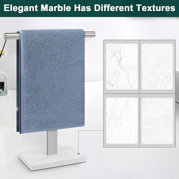 Hand Towel Holder, T-Shape Hand Towel Stand for Bathroom, Hand Towel Rack Bar Standing for Vanity Kitchen Countertop, 304 Stainless Steel (Marble Base, Brushed)