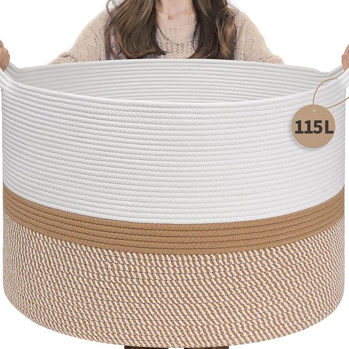INDRESSME 115L Extra Large Woven Rope Blanket Basket Living Room WhiteCamel | 23.6" x 15.7" Storage baskets for toys laundry & pillows. Fits living room, bedroom or nursery décor. Soft-touch with handles