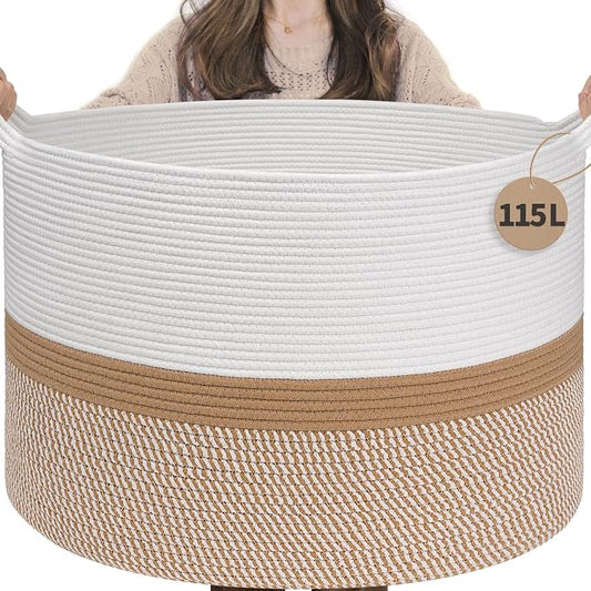 INDRESSME 115L Extra Large Woven Rope Blanket Basket Living Room WhiteCamel | 23.6" x 15.7" Storage baskets for toys laundry & pillows. Fits living room, bedroom or nursery décor. Soft-touch with handles
