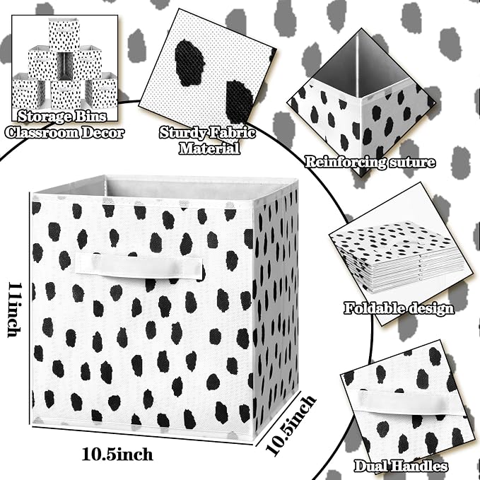 6 Pcs 11 Inch Fabric Storage Cube Bin Foldable Woven Storage Cubes for Classroom Basket Bin Classroom Organizer with Handle Decor for Organizing Clothes, Toys, Books, Shelves(Polka Dots)