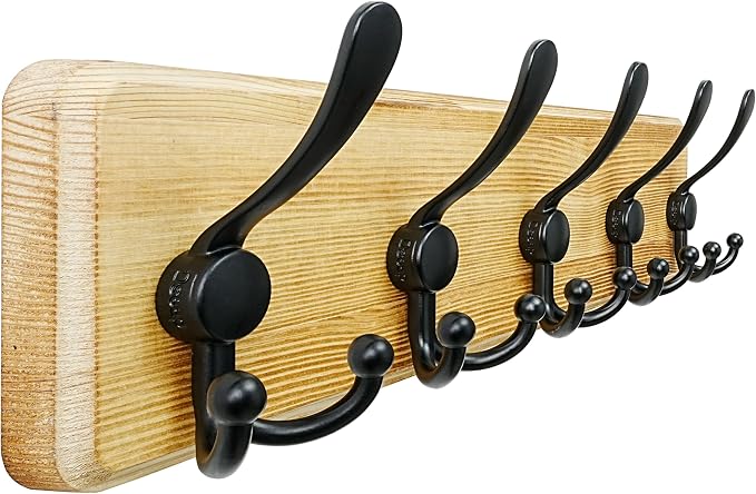 Coat Rack Wall Mount - Heavy-Duty Robust Rustic Wooden Wall Coat Hanger Hook Rail with 5 Triple Hooks for Winter Jacket & Hat Clothing, Light Brown & Black