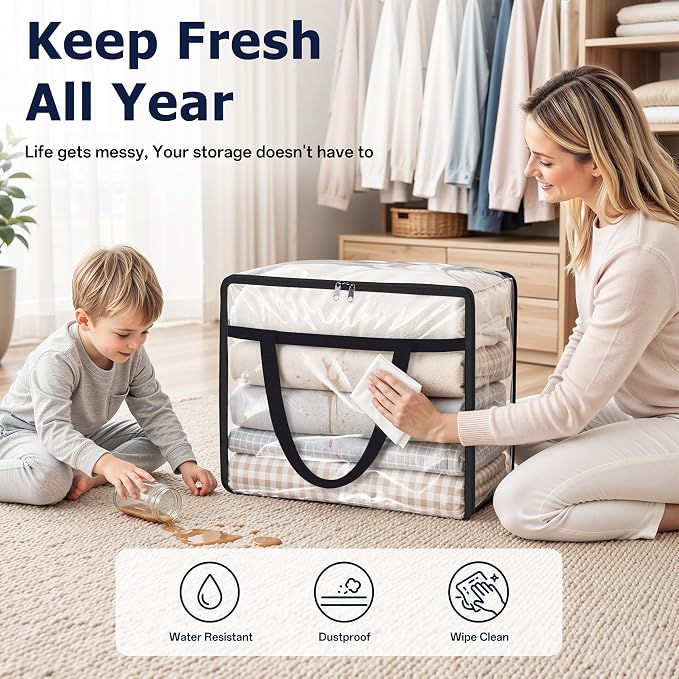 SpaceTrove Clear Storage Bags, 4-Pack Under Bed and Closet Organizers 40L | Clear PVC bags with zippers and handles, foldable waterproof moving bags store comforters, blankets, bedding, clothes and toy