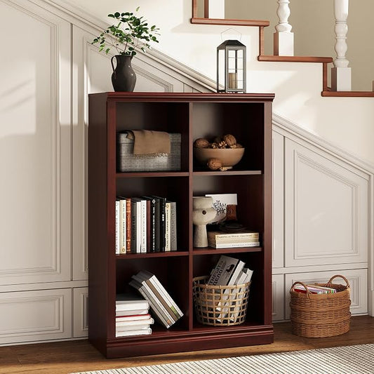 3 Tiers 6 Cube Storage Organizer Bookcase, 30 inch Width Wooden Book Shelf | 6 Storage Cube Adjustable Space Book Case, Vertical Bookshelf Display Cabinet Organizer for Home Library Office, Mahogany