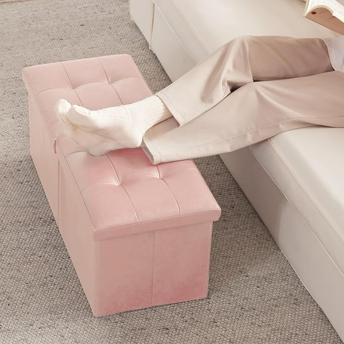 HAUSFRAU Ottoman with Storage Bench Folding Foot Rest Baby Pale Pink | 31.5", Flip Lid, Small Upholstered Foldable Footrest Footstool, Bedroom Bench, Living Room Dorm Ottoman, Faux Leather