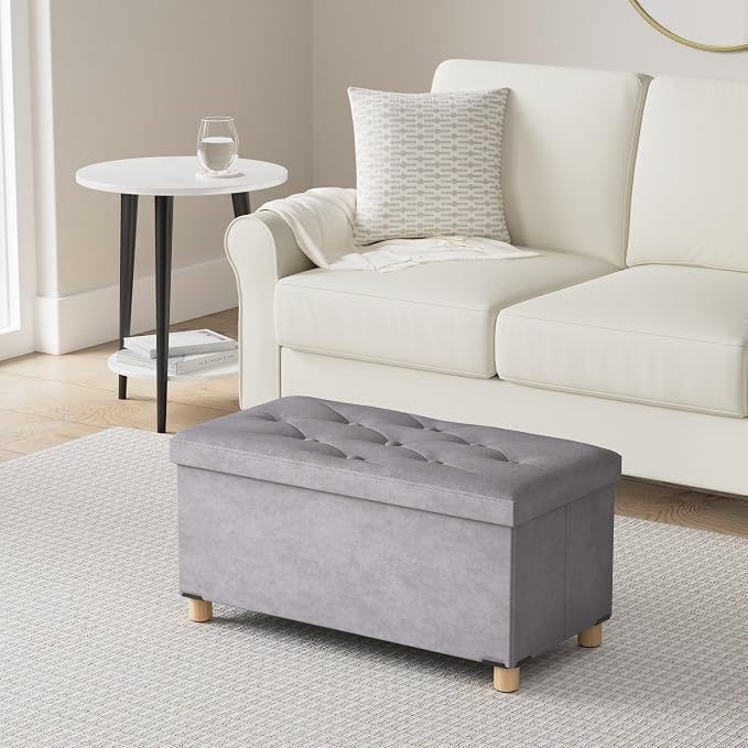 BRIAN & DANY 30 Inches Folding Storage Ottoman Bench, Ottoman with Storage for Living Room, with Wooden Feet and Lid, Grey