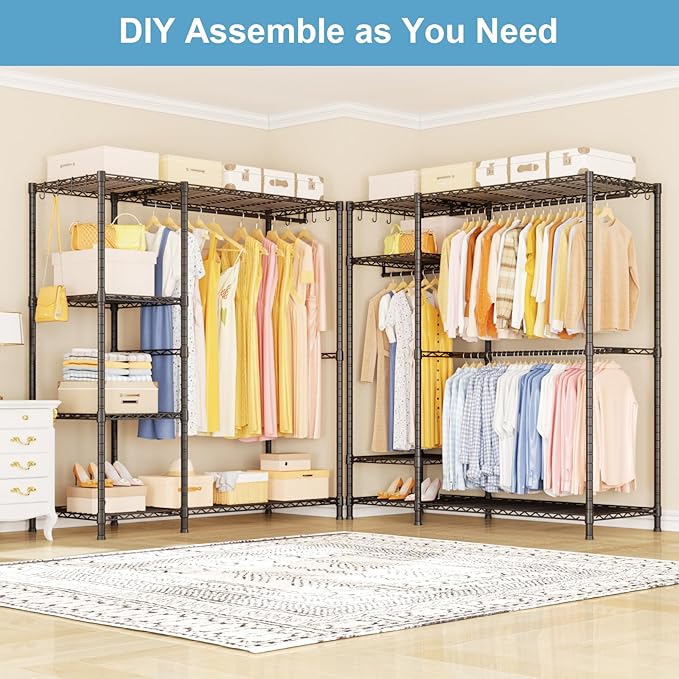 Ulif F7 Clothes Rack Heavy Duty, Clothing Racks for Hanging Clothes, Black | Garment Rack with Shelves, 6-Tiers Freestanding Portable Closet Storage Racks 58'' W × 14.6'' D × 76.6'' H, Max Load 800 Lbs