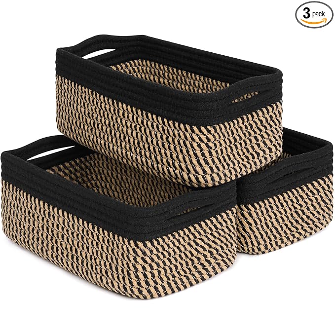 Goodpick 3-Pack Wicker Storage Baskets for Organizing, 11 x 7 x 4.5 in | Woven Baskets for Shelves, Closet Organizer Bins,Empty Baskets for Gifts, Woven Basket for Play Room, Black & Jute