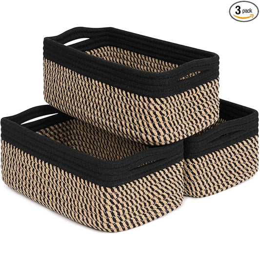 Goodpick 3-Pack Wicker Storage Baskets for Organizing, 11 x 7 x 4.5 in | Woven Baskets for Shelves, Closet Organizer Bins,Empty Baskets for Gifts, Woven Basket for Play Room, Black & Jute