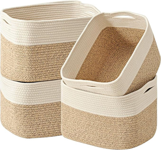 ICERZCZ Storage Baskets for Organizing & Shelves, Woven Cotton Rope Organization Bins for Dog Toys, Clothes, Books, Nursery Organizer, 15"Lx11''Wx9.5''H, (4 Packs) Off White & Brown