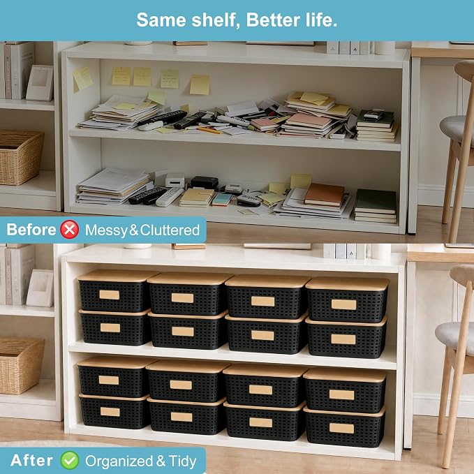 Bagnizer 4 Pack Plastic Storage Bins with Bamboo Lids, 6.2qt Stackable Storage Organizer Box with Lable for Pantry Shelves Drawers Desktop Office, 12"L x 8.3"W x 3.5"H, Black