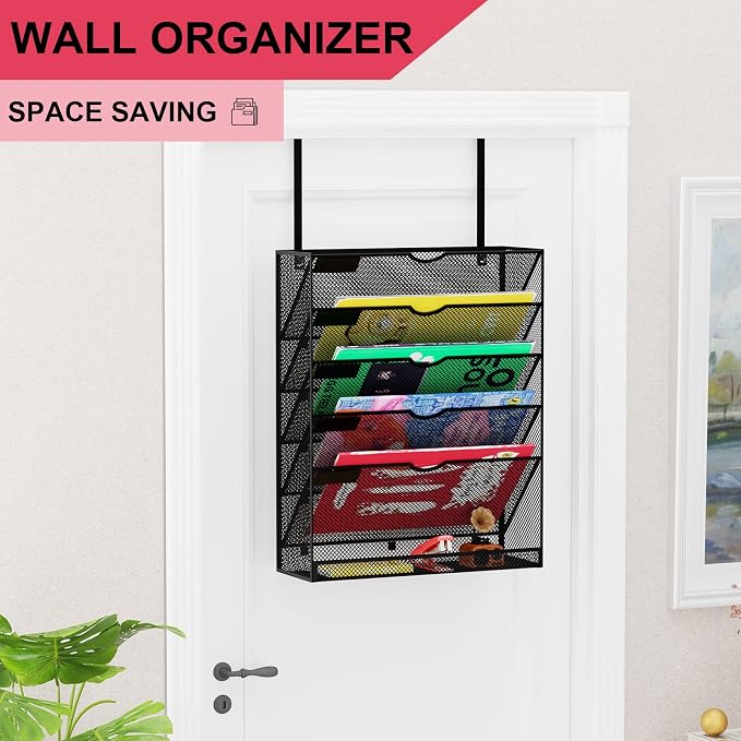 6-Tier Hanging File Organizer Office Cubicle Accessories for Work Organizer Wall Mount File Holder for Mails Folders Papers Magazine Organization, Black