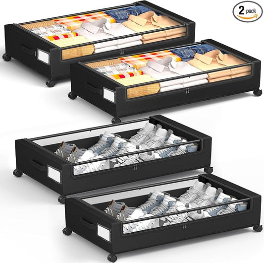 Under Bed Storage with Wheels, Square Under Bed Storage Containers, 4 Pack Under The Bed Storage Bins, 60L Under Organizer with Clear Lids, Rolling Underbed Storage For Clothes, Shoes...