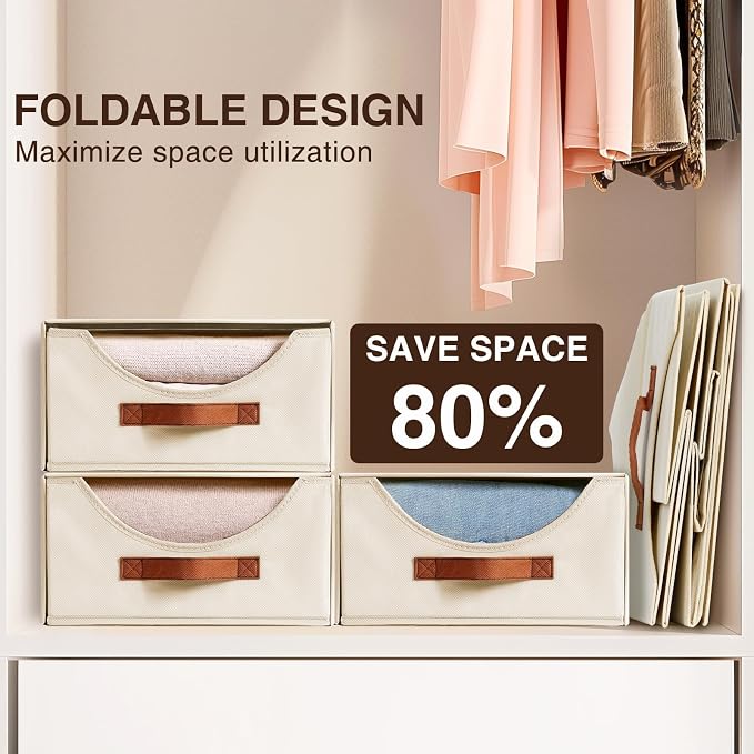 Homsorout Large Closet Storage Bins with Drawer, Fabric Bins for Organization, Collapsible Storage Drawers Organizer for Bedroom, Living Room, 6 Pack, Beige