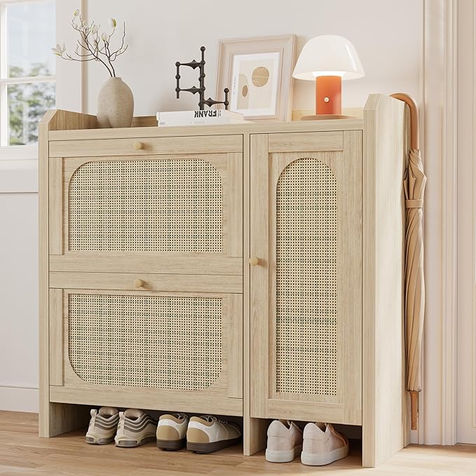 Shoe Cabinet Storage for Entryway with 2 Flip Drawers(3-Tier), Rattan Freestanding with Door & 3 Adjustable Shelve,Hidden Shoe Rack Organizer for Hallway, Foyer