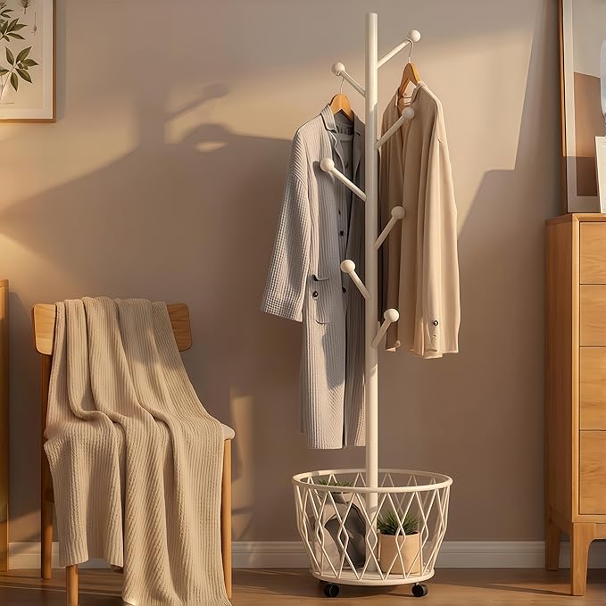 Off-White Moveable Tree Metal Coat Rack with Basket Freestanding 65" | Organizer for Scarf Jacket Hat Bags Ideal for Home Entryway Bedroom Corner Stable
