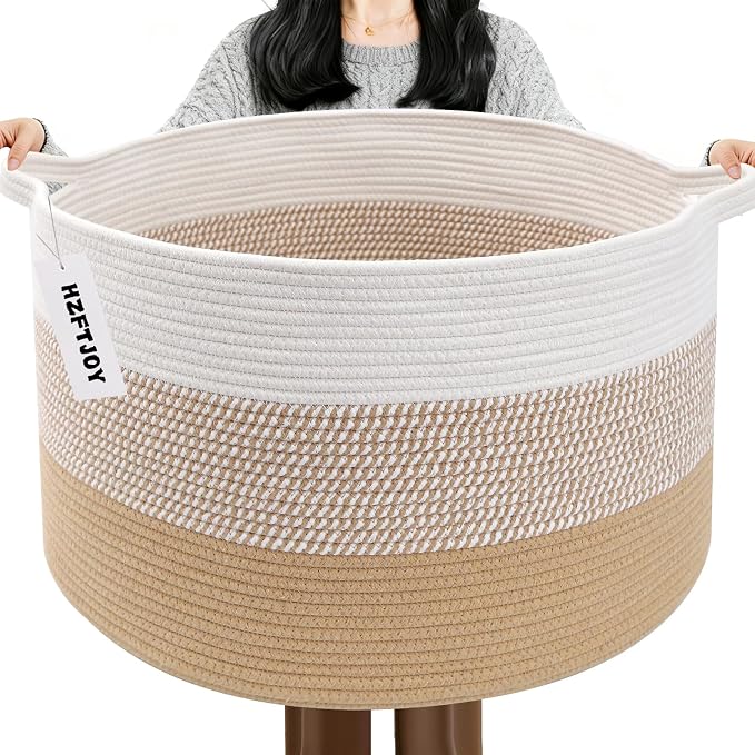 65L Large Blanket Basket, Cotton Rope Woven Laundry Basket-Yellow | Collapsible, reinforced handles, nursery storage bin organizes clothes, toys and pillows for living room, bedroom bathroom