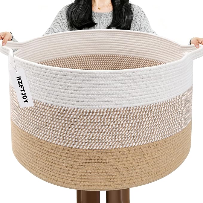 90L Large Blanket Basket,Rope Woven Laundry Basket-Yellow | Collapsible, reinforced handles, nursery storage bin organizes clothes, toys and pillows for living room, bedroom bathroom