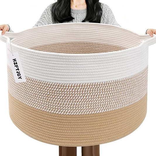 90L Large Blanket Basket,Rope Woven Laundry Basket-Yellow | Collapsible, reinforced handles, nursery storage bin organizes clothes, toys and pillows for living room, bedroom bathroom
