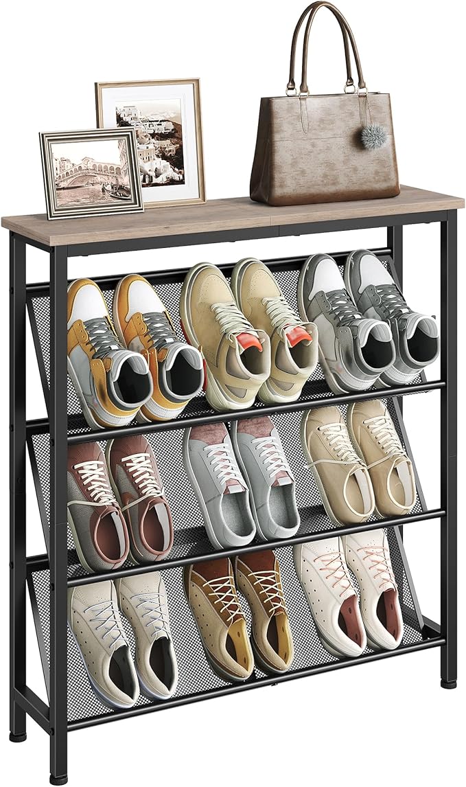 CHOEZON Shoe Rack, 4-Tier Slanted Shoe Storage Shelf, Narrow Shoe Rack for Entryway, Shoe Organizer with Adjustable Feet, Slim Shoe Shelf with Wooden Top and Metal Frame, Greige and Black TXJ75BG