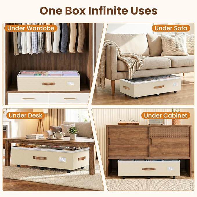 Budding Joy 80L 2 Pack Adjustable Under Bed Storage with Wheels, Beige | Underbed containers with clear lids, rolling underbed shoe storage organizer for dorm clothes, blankets, easy to install
