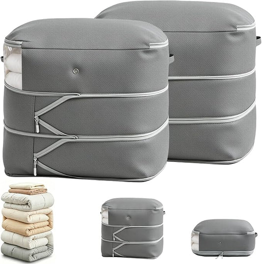 Comforter Storage Bag, Large Capacity Blanket Storage Bags 3-Layer Ultra Space Saving Self Compression Organizer, Heavy Duty Space Saver Organizer for Bedding, Clothes, Blanket, 2-Pack, Gray