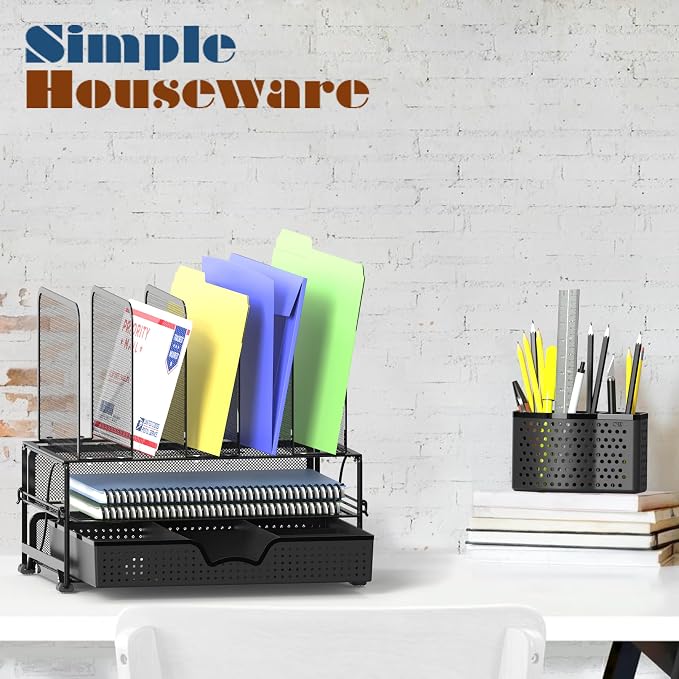 Simple Houseware Desk File Organizer for Office Supplies w/Drawer, Black | Double Tray, Pencil Holder, and 5 Upright Sections with Sliding Drawer