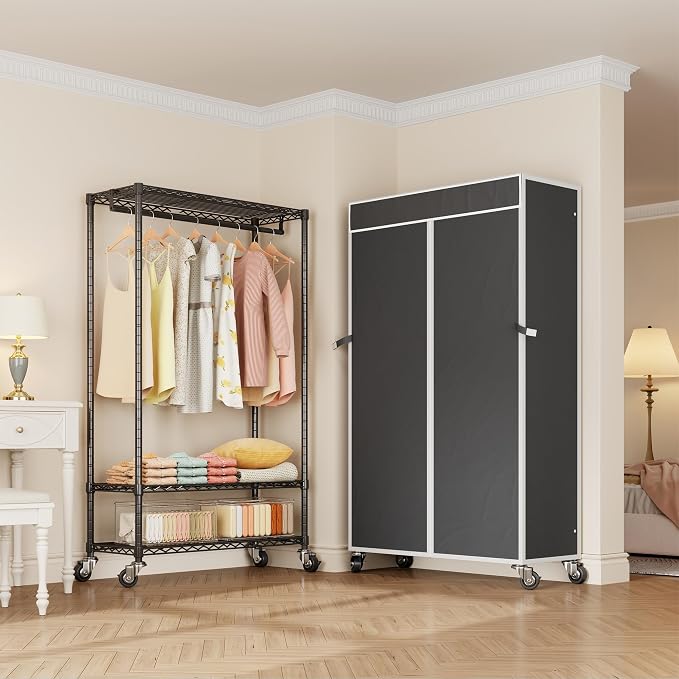 Higeego H4 Clothing Rack with Cover, Rolling Heavy Duty Clothes Rack, Black | Garment Rack on Wheels, Portable Closet for Hanging Clothes, Black Clost Rack with Black Fabric Cover, Max Load 380LBS