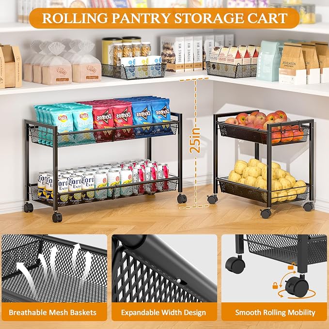 3IngSeagulls 2-Tier Expandable Rolling Pantry Floor Organizer, Stackable Pantry Storage Cart with Wheels, Kitchen Fruit and Vegetable Storage Rack for Onion, Potato, Food, Snacks