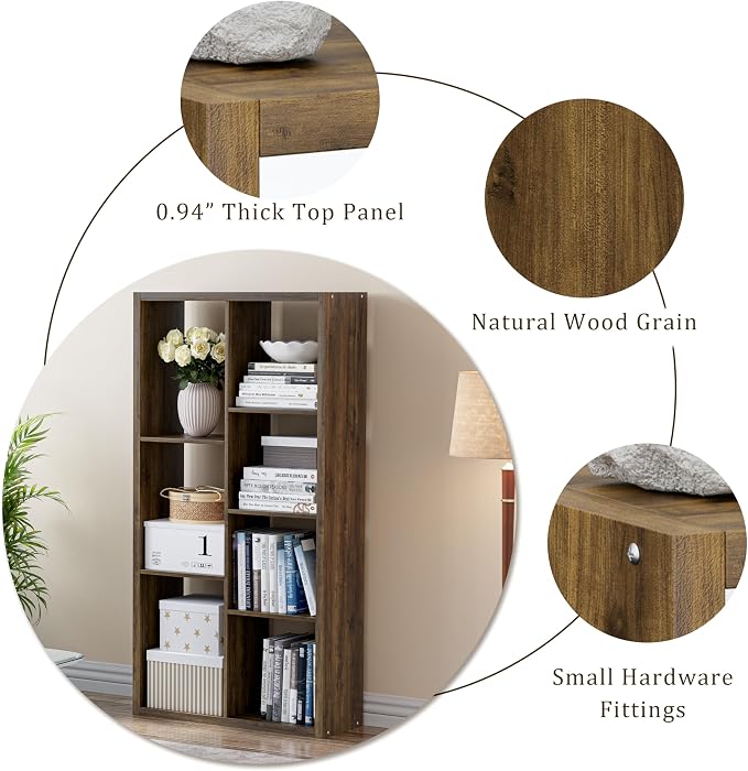 VDNEND Cube Storage Organizer Bookcase, Decorative 11 inch Open Back Cubical Shelf with Thickened Border, Display Bookshelf for Living Room, Home Office, Sturdy Room (Brown, 7 Cube)