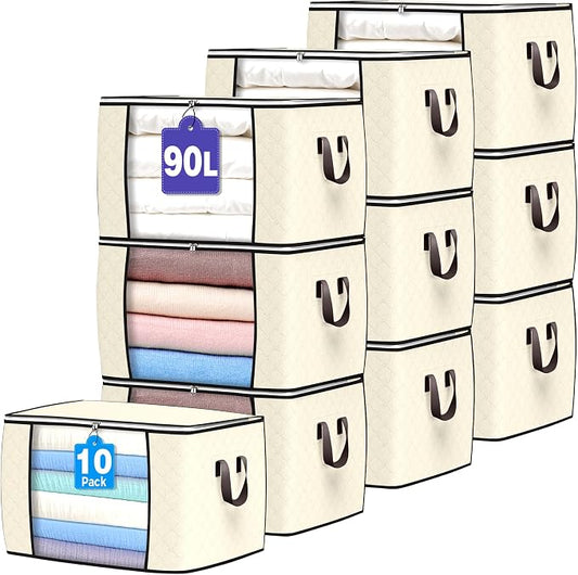 90L Large Storage Bags, 10 Pack Clothes Storage Bins Closet Organizers | Foldable Storage Containers, with Reinforced Handle, for Clothing, Blanket, Comforters, Bed Sheets, Pillows and Toys,Beige
