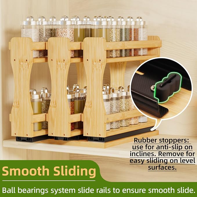 BAMEOS Pull Out Spice Rack Organizer for Cabinet, Bamboo Wide 7.7" Slide Out Seasoning Organizer for Kitchen, No Drill Anti-Tip Ball Bearing Silent Glides, Pantry Cabinet Organizer, Natural