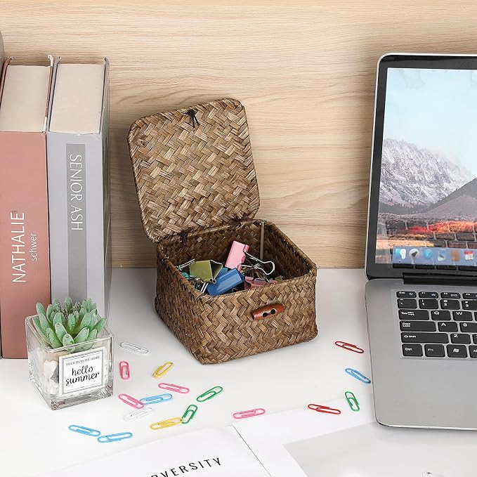Wicker Basket with Lid Natural Seagrass Storage Box,4.7x 4.7x2.7" | Square Handwoven Basket Box for Shelf, Multipurpose Desktop Organizer Bin for Keys, Candy, Coin