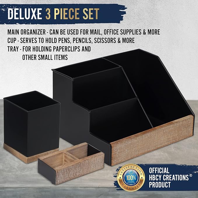 HBCY Creations 3 PIECE Black Metal Desk Organizer Set | Rustic Mail Organizer Desktop | Rustic Industrial Home Decor