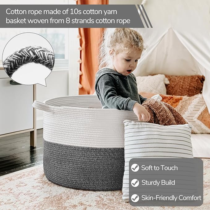 INDRESSME XXXLarge Woven Rope Blanket Basket Living Room, 90L | 21.7" x 13.8" Storage baskets for toys laundry & pillows. Fits living room, bedroom or nursery décor. Soft-touch with handles