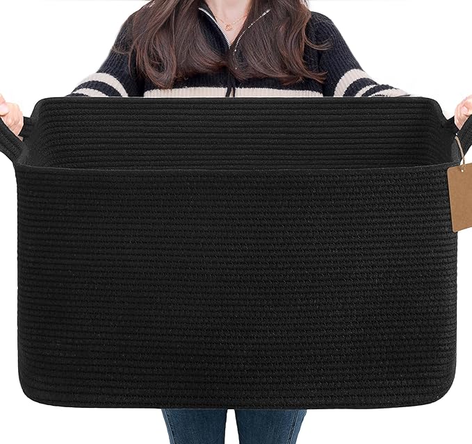 Goodpick Extra Large Woven Blanket Baskets, Cotton Rope, Black | 75L, 22 × 17 × 12 in, Reinforced Handles, Nursery Essentials Organization, Blankets, Pillows, Toys & Clothes Storage
