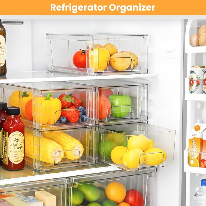 6 Pack Stackable Storage Drawers,Plastic Organizers Bins, Drawers Storage with Handles and Movable Dividers for Organization and Storage in Fridge,Bathroom, Pantry, Kitchen Cabinets, Under Sink