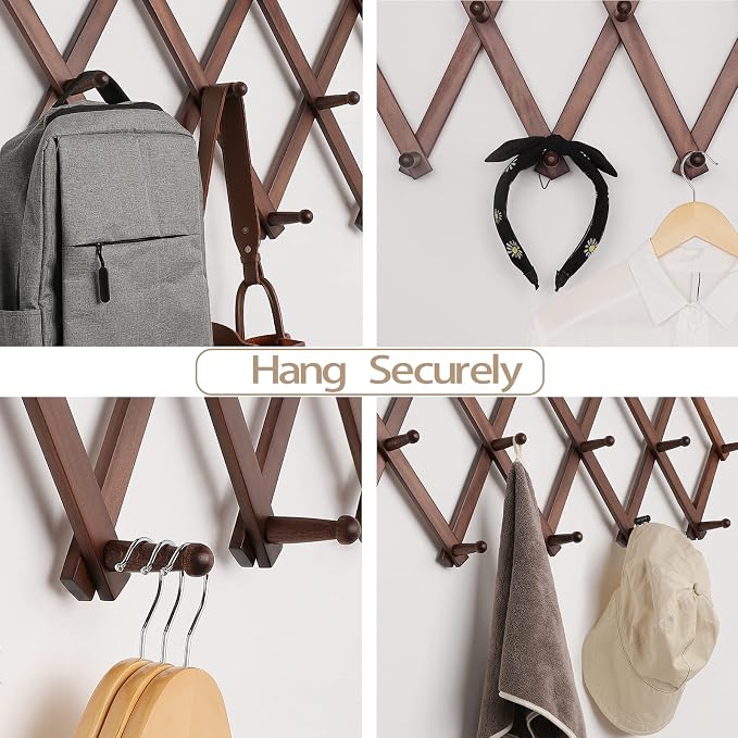 SCUNDA Accordion Wall Hanger with 20 Hooks, Expandable Wall Hat Display Rack, Wooden Wall Hook for Coat, Hats, Baseball Caps, Coffee Mug, Jewelry(Brown)