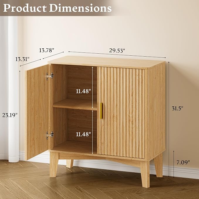 BORNOON Storage Cabinet with Doors and Adjustable Shelf, Modern Fluted Sideboard Buffet Cabinet, Freestanding Coffee Bar for Kitchen, Pantry, Entryway, Living Room (Natural Oak)