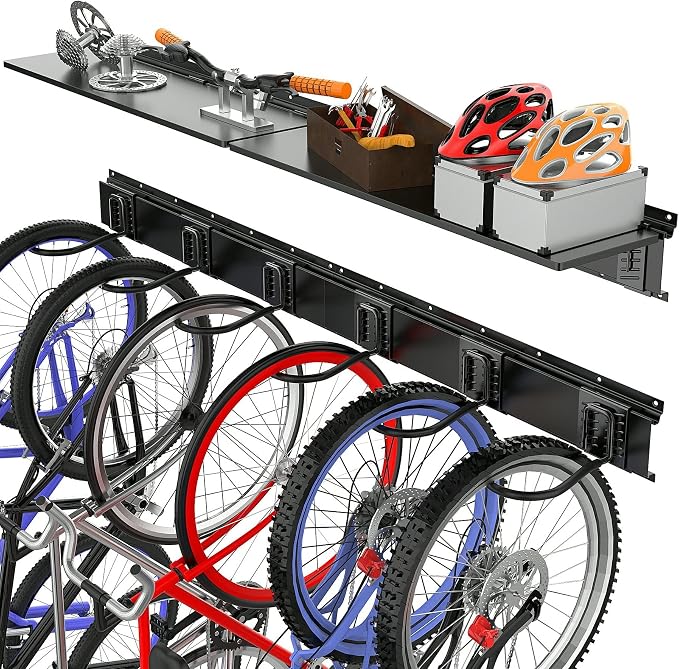 TORACK Wall Mounted Bike Storage Rack with Shelf, 6 Bikes Hangers for Garage, Space Saving Bike Rack Wall Mount, Holds Up to 600 lbs