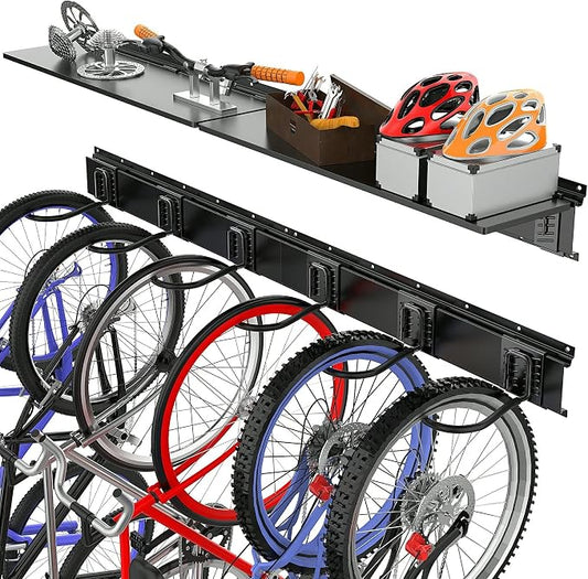 TORACK Wall Mounted Bike Storage Rack with Shelf, 6 Bikes Hangers for Garage, Space Saving Bike Rack Wall Mount, Holds Up to 600 lbs